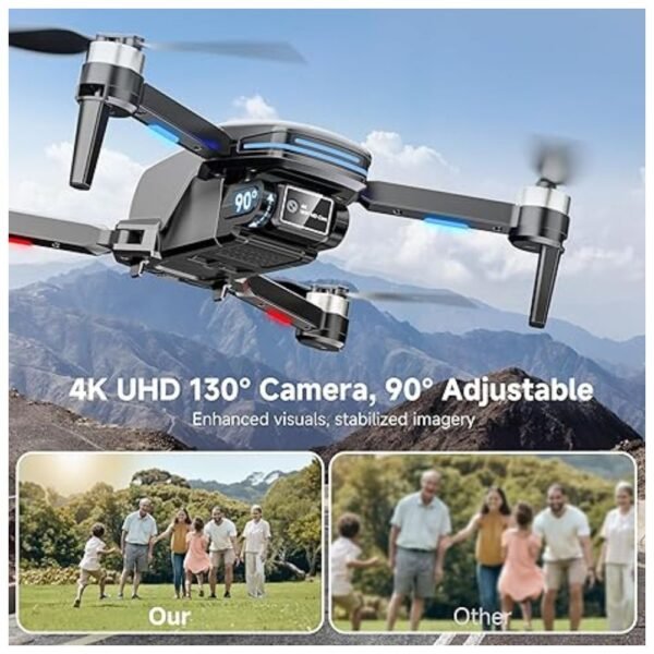 4K UHD camera with 130° wide-angle view and 90° adjustable lens for versatile shooting angles.