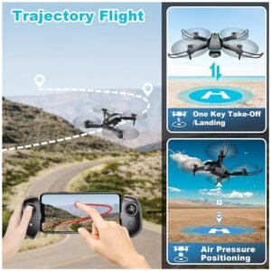 User controlling the Mini Drone with remote, showing one-key takeoff, gravity control, and 3-speed modes.