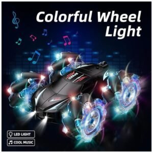 Colorful wheel lights adding excitement to the RC car's performance.