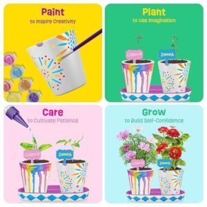 Children painting their ceramic pots and planting flowers as part of the 4 Set Paint & Plant Flower Gardening Kit, engaging in a fun gardening activity.