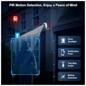 Smart AI motion detection camera distinguishing between people, vehicles, and pets.