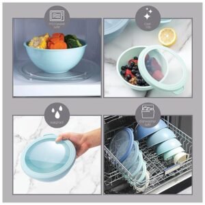 Nesting design of mixing bowls with TPR lids in kitchen cupboard for space-saving storage.