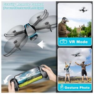 User controlling the Mini Drone with remote, showing one-key takeoff, gravity control, and 3-speed modes.