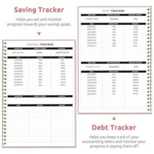 Open budget planner showcasing savings goal tracker and debt payment pages.