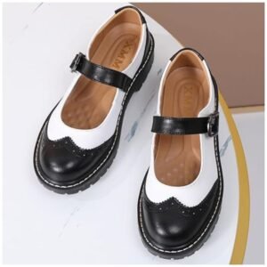 Full view of women's Mary Jane flats featuring a bright patent leather upper, adjustable hook and loop closure, and stylish design