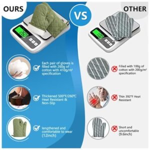 Comfortable, lengthened, thickened 500°F/260°C heat-resistant, non-slip oven mitts filled with 260g cotton.