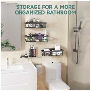 Black stainless steel shower organizers showcasing modern design and ample storage space