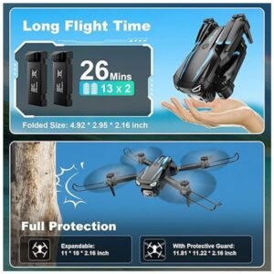 Drone accessories including 2 rechargeable batteries, propeller guards, and spare fan blades for safe flying