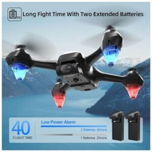 GPS drone flying with two extended rechargeable batteries, offering up to 40 minutes of flight time for uninterrupted fun
