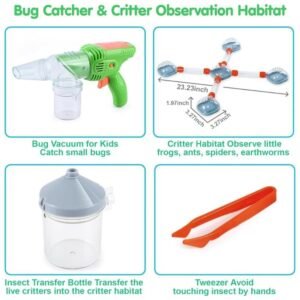 Close-up image showing the parts of the Bug Catcher Kit for Kids, including the dimensions and individual components such as the bug vacuum, habitat tubes, and tweezers
