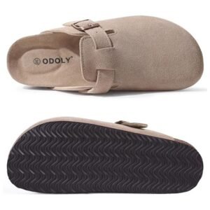 Top and bottom views of the women’s clogs, showing the durable suede upper and thickened non-slip soles