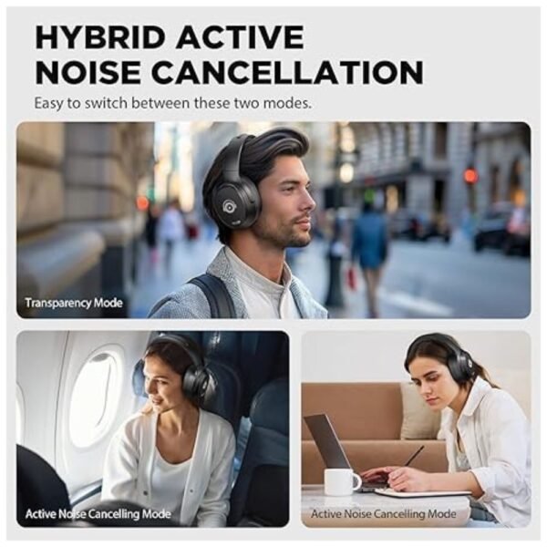 erson wearing Hybrid Active Noise Cancelling Headphones in an office setting, highlighting comfort and noise reduction for work or travel