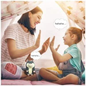 A mother and child laughing together while playing with the Toys Talking Hamster, a great bonding activity.