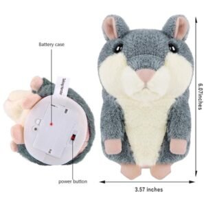 Close-up of the Toys Talking Hamster's dimensions and battery case, showing the power button for easy operation