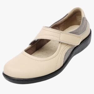 Full view of women's classic comfort flats with a cute Mary Jane strap, soft leather upper, and breathable mesh fabric design.