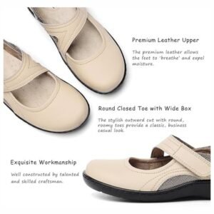 Close-up of the premium leather material used in the women’s comfort flats, showing its soft texture and durability