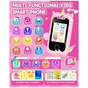 Close-up of the multifunctional features of the Kids Smart Phone Girls Toy, highlighting the calculator, recorder, and educational tools