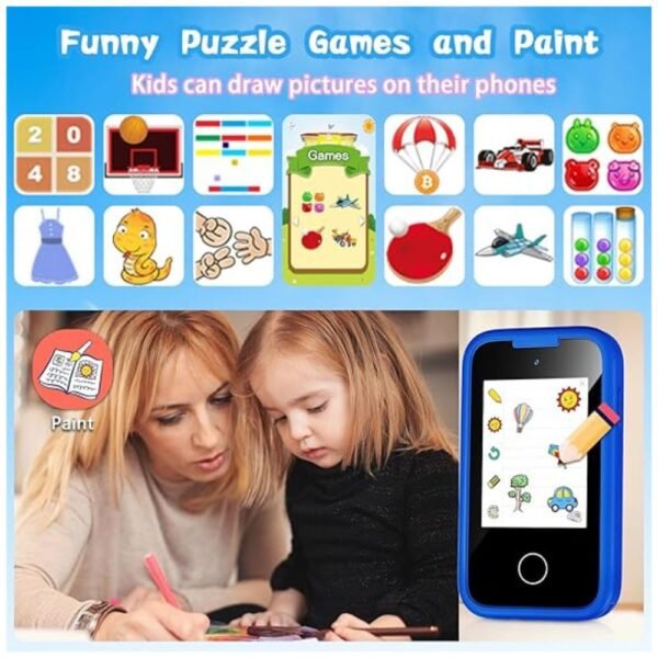 Kids playing puzzle games and using the paint function on the phone