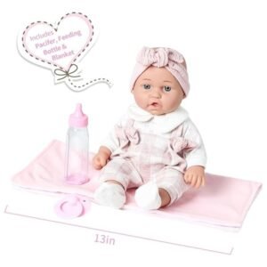 Accessories included with 12-inch baby doll: pacifier, feeding bottle, and soft microfabric blanket
