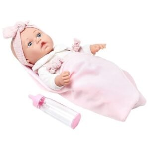 12-inch baby doll wrapped snugly in a soft blanket, holding a feeding bottle for pretend play.