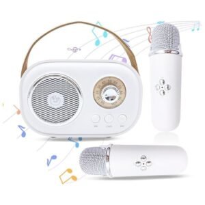 View of mini karaoke machine with two wireless microphones