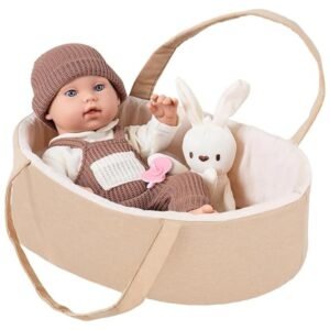 Full view of 12-inch baby doll with carrier bassinet, pacifier, and bunny toy, ready for pretend play.