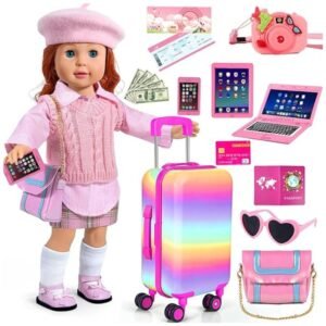 Complete view of the 18-inch Doll Clothes and Accessories set, including the travel suitcase, clothing, and accessories