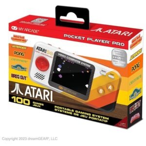 Box view of My Arcade Atari Pocket Player Pro with retro gaming design.