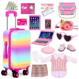 Close-up of the accessories in the 18-inch Doll Travel Suitcase set, including clothes, handbag, and travel items