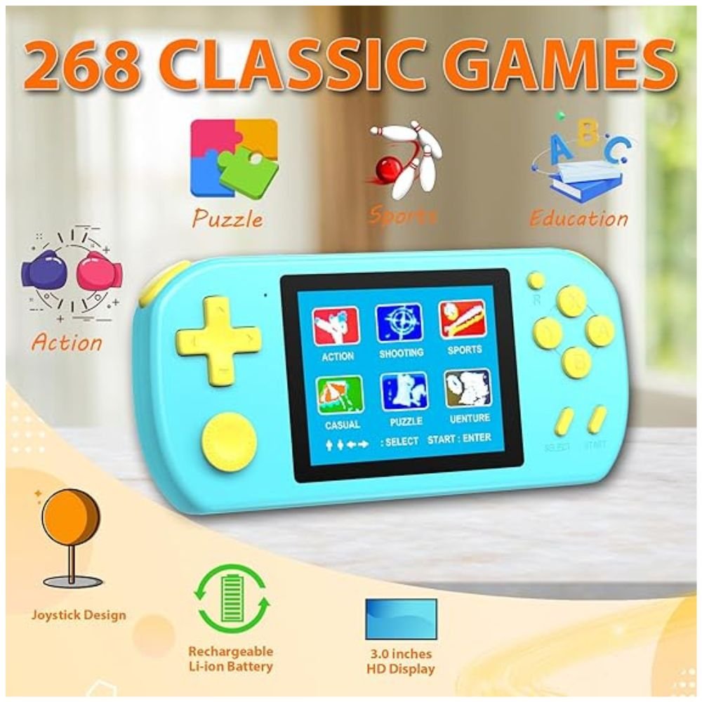 b2 Display of the handheld game console showing the 268 classic retro games available for kids and adults