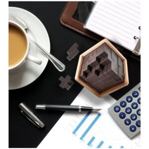 3D wooden puzzle placed on an office desk, showcasing its sleek design and complexity