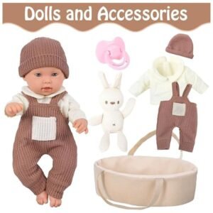 Baby doll accessories including knit outfit, pacifier, bunny toy, and carrier bassinet for interactive play