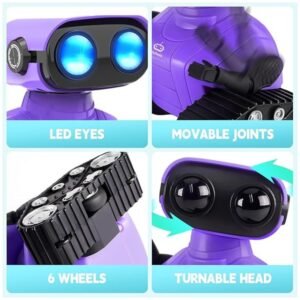 Different parts of the robot toy, including the remote control, USB charger, and robot body.