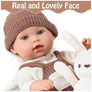 Adorable, realistic face of the 12-inch baby doll with a cute expression and knit outfit
