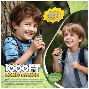 Kids using walkie talkies across a distance, showcasing the 1000 feet range.