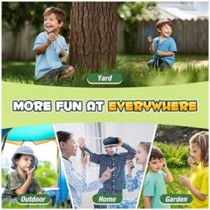 Children playing with walkie talkies in a backyard or garden setting.