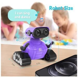 Robot performing a pre-programmed dance routine, with LED lights and music, showcasing its sing and dance abilities.