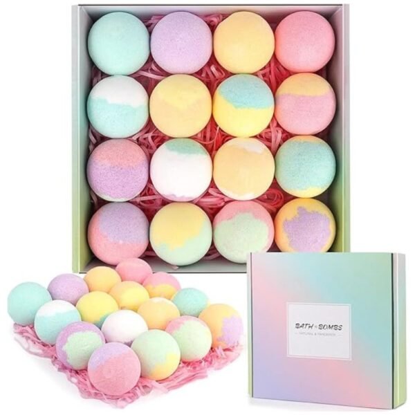 Close-up view of 16 organic bath bombs in a variety of colors and scents