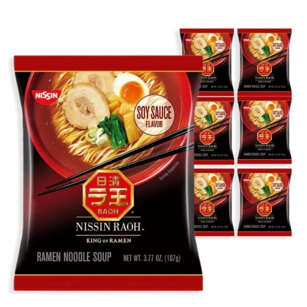 Close-up view of Nissin RAOH Ramen Noodle Soup packaging with soy sauce flavor.