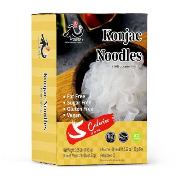 Close-up of Shirataki Konjac Noodles Fettuccine pack, showcasing the product packaging.