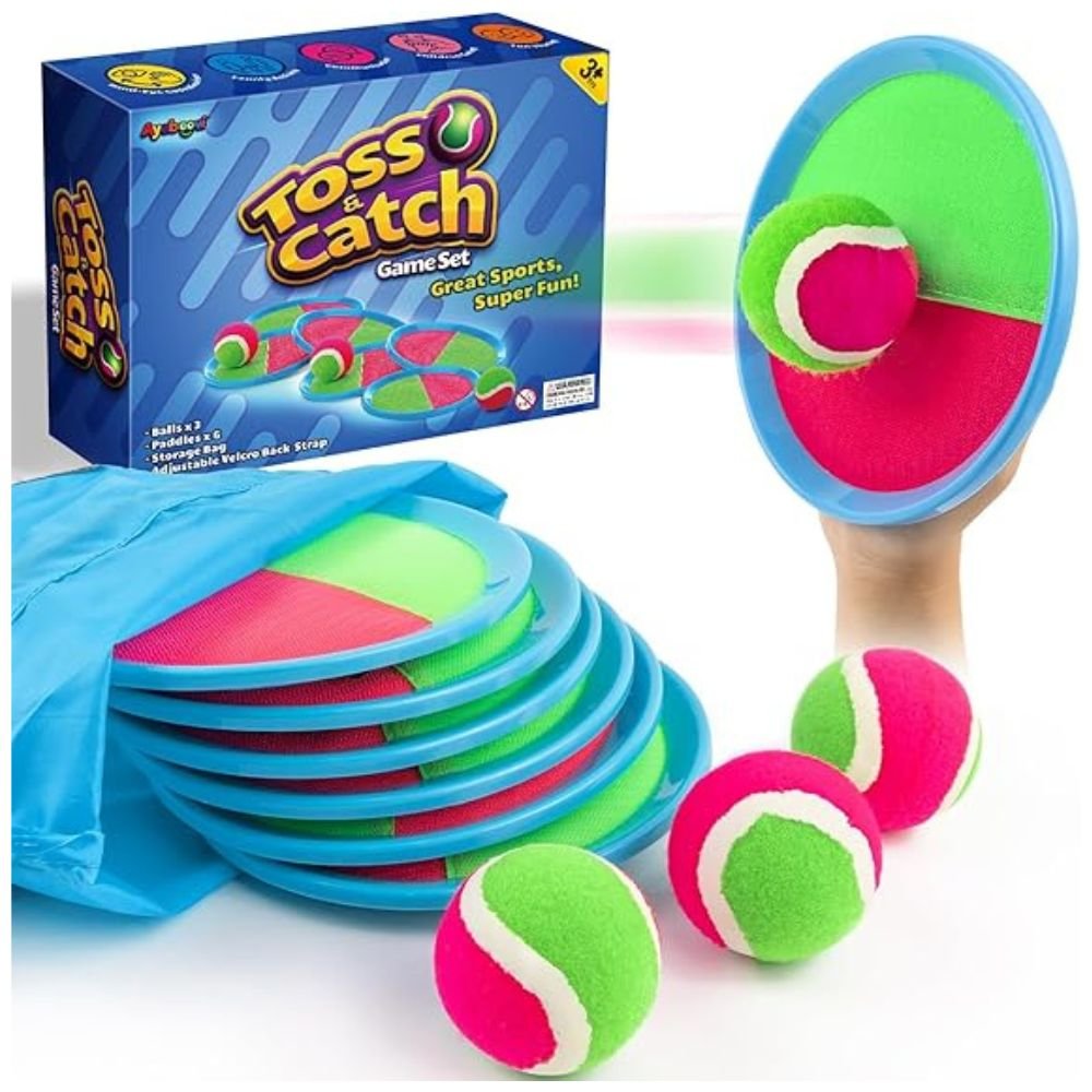 d1 Kids Toys Toss and Catch Ball Set with foam paddles and sticky balls.