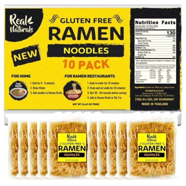 Gluten free ramen noodles displayed in a package, showcasing high-quality brown rice noodles