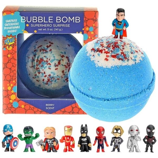 Close-up view of superhero bath bombs with vibrant colors and surprise toys inside