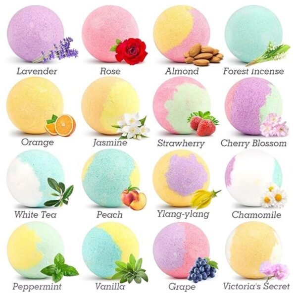 A selection of 16 different bath bomb scents including Lavender, Rose, Jasmine, and more