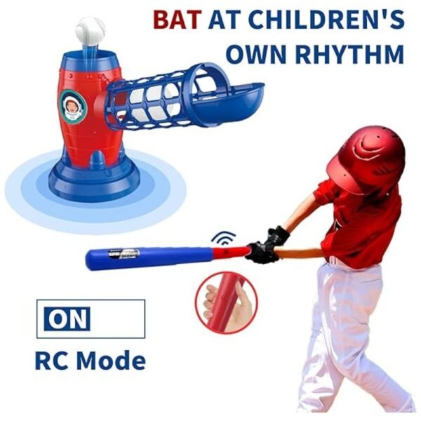 Remote control pitching machine in action with baseball
