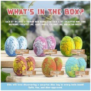Contents of the box showing 12 vibrant dinosaur bath bombs and hidden toy surprises.