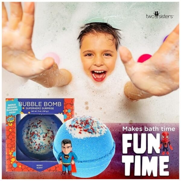 Children enjoying a colorful and bubbly bath with superhero bath bombs.