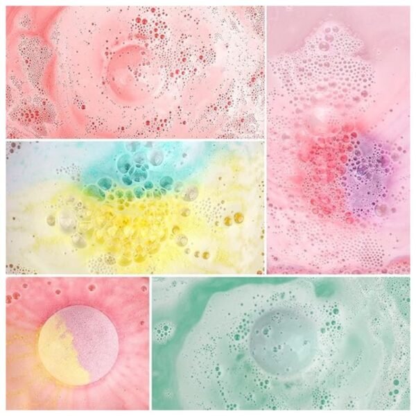 Bath bomb dissolving in warm water, releasing bubbles and vibrant colors.