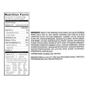 Nutritional information for Nissin RAOH Ramen Noodle Soup, highlighting key ingredients and values.