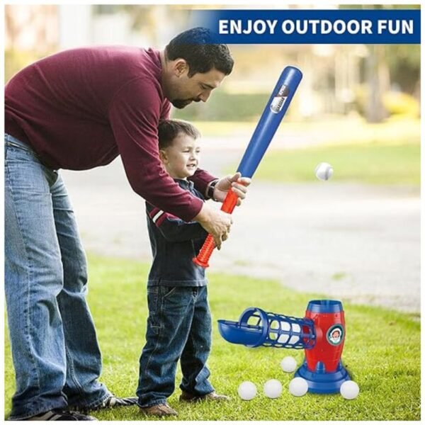 Kids playing with T Ball set outdoors in the backyard